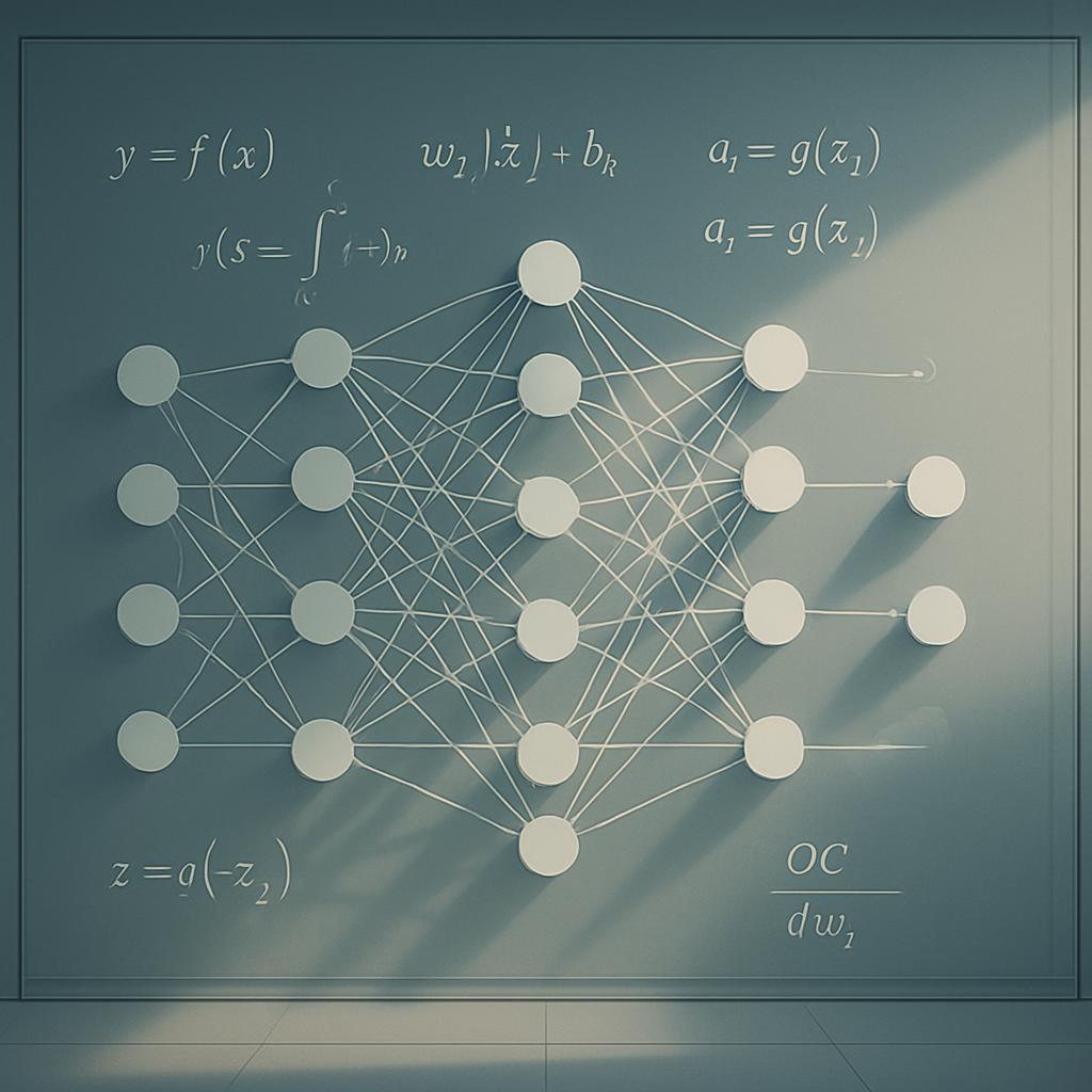 The formula for neural network training, represented by dotted lines connecting nodes in a complexabyte circuitry.